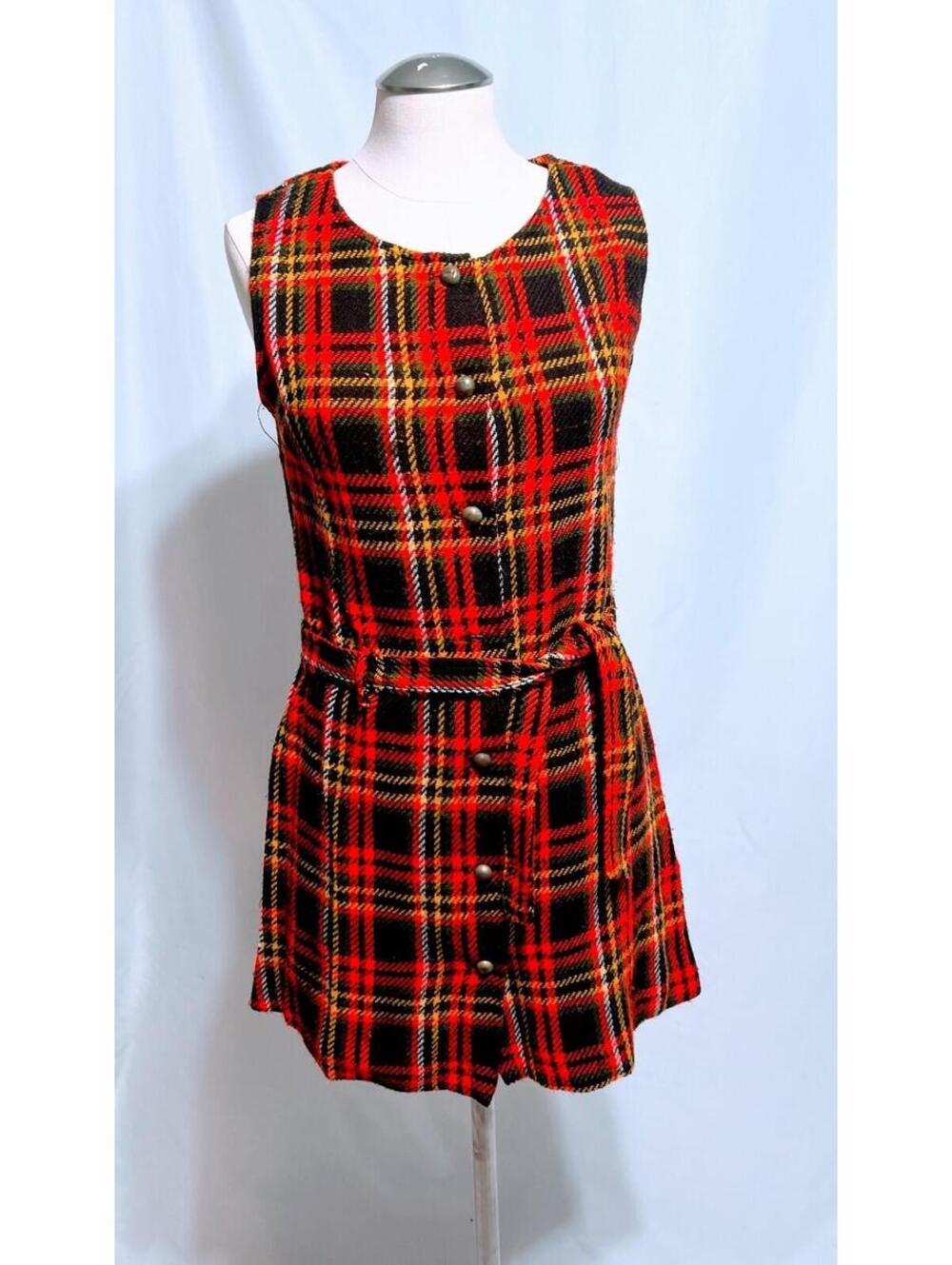 60s 70s Vintage Wool Dress Belted Strapless Plaid Red Orange
